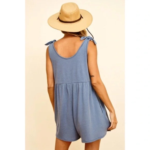 Blue Washed Denim Thermal Sleeveless Tie Romper w/ Pockets Boho Casual Summer - Picture 4 of 6